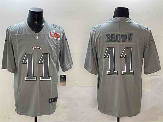 Men's Philadelphia Eagles #11 A. J. Brown Grey 2025 Super Bowl LIX Patch Atmosphere Fashion Vapor Untouchable Limited Stitched Football Jersey